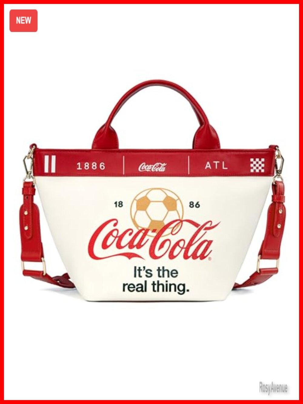 Coca-Cola Vintage Soccer Print Tote Bag Canvas Faux Leather Handbag